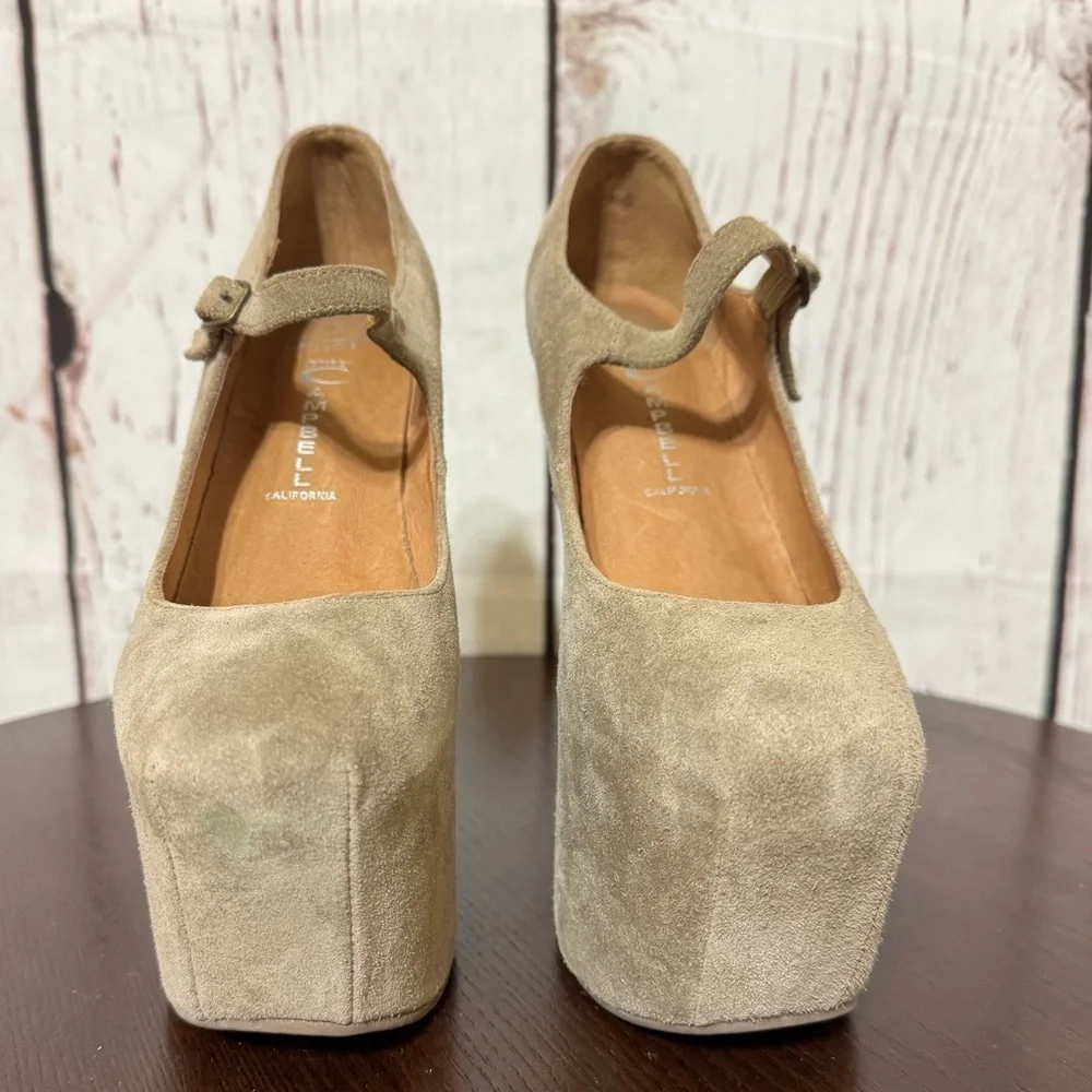 JEFFREY CAMPBELL NIGHT WALK heelless Stylish Tan Platform Wedge MaryJane Shoes 7